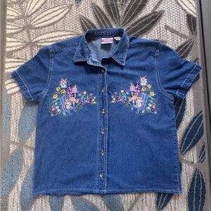 Vintage Cool Blues Women’s Denim Button Down Short Sleeve Embroidered Cats Small